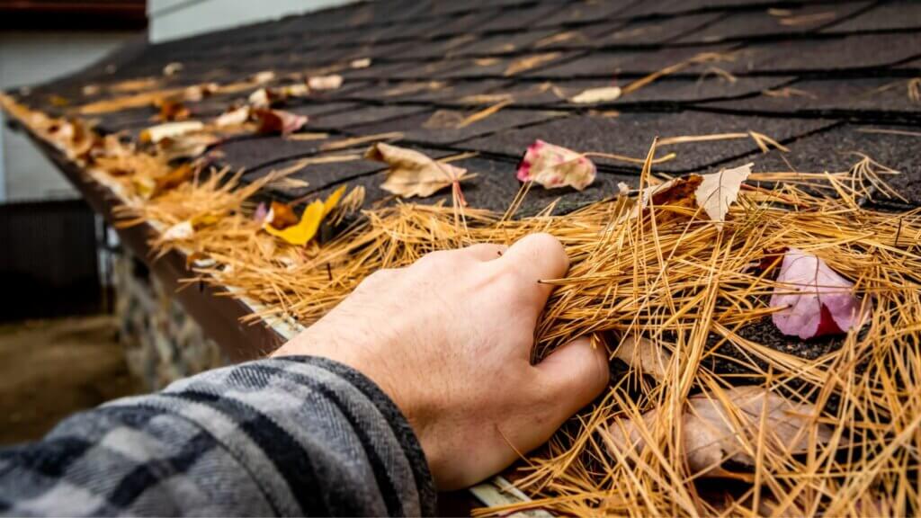 one hand cleaning a roof during a Regular Maintenance. 