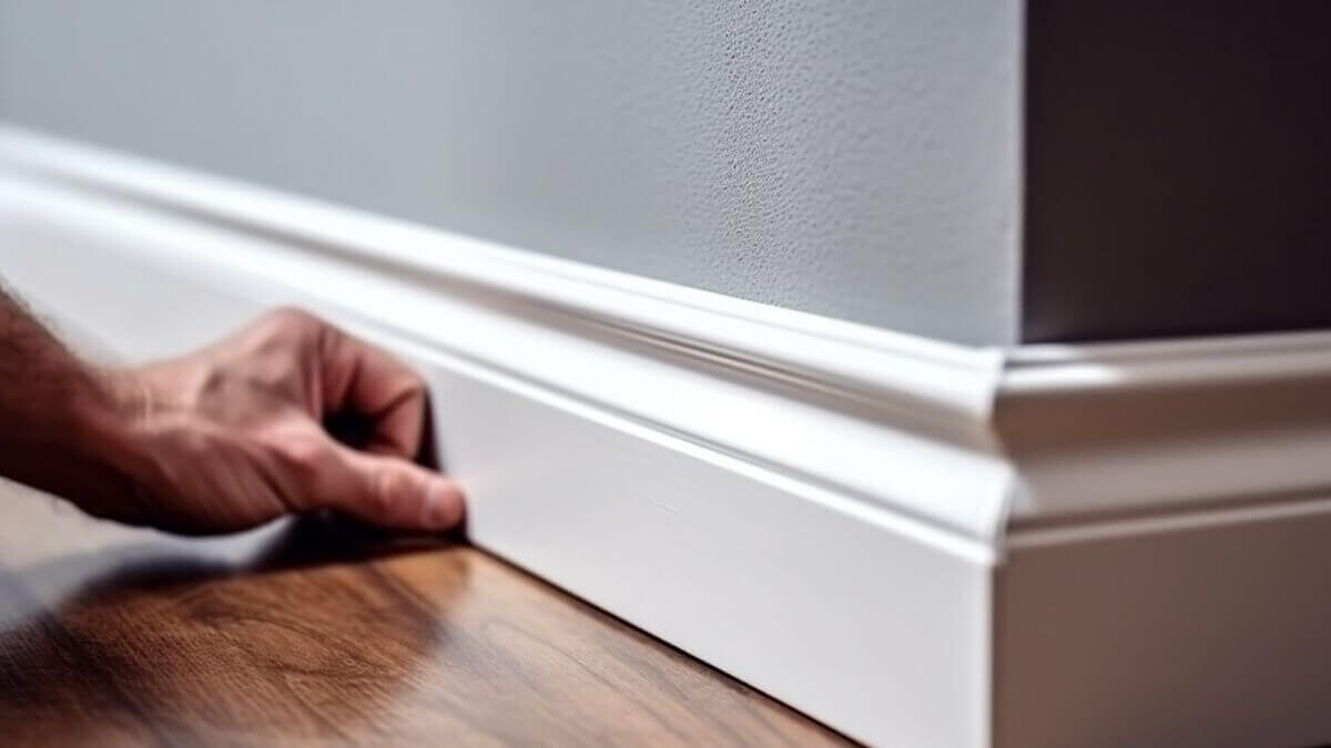 A masculine hand holding the edge of a wall, during a trim service. 