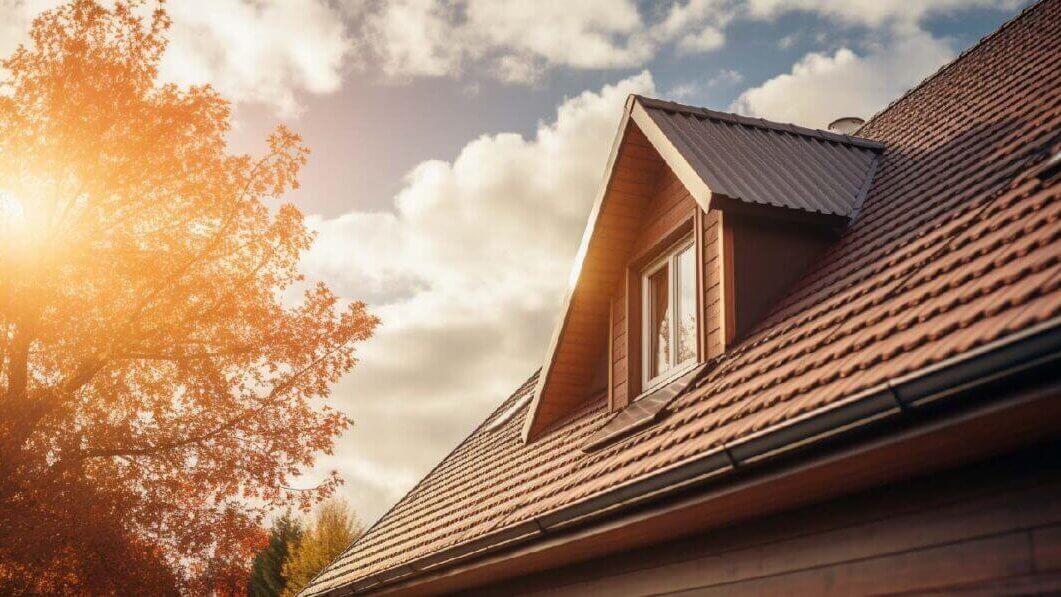 A wooden house, with the sun shining through the branches of a tree on the left, the blue sky with few white clouds, and the sunlight reflecting on the windows, showcases a sturdy roof that completes the tranquil scene.