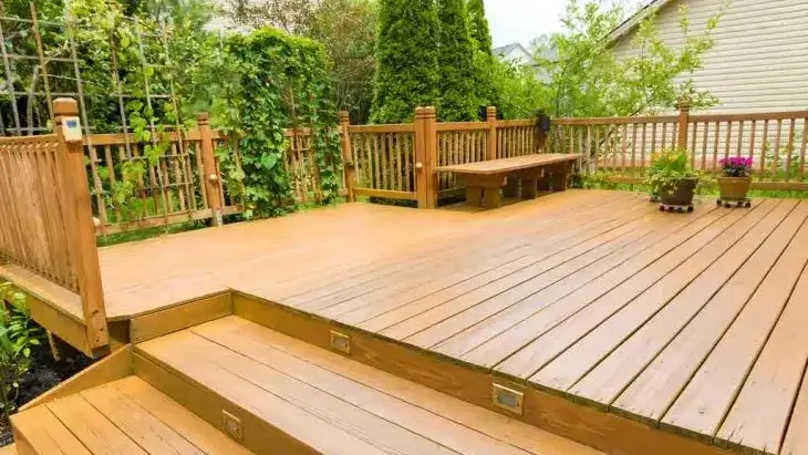 wood deck in a green garden