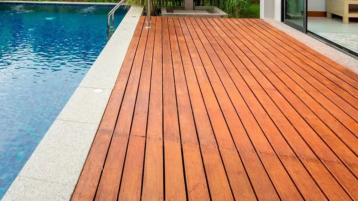 wood deck in a pool.