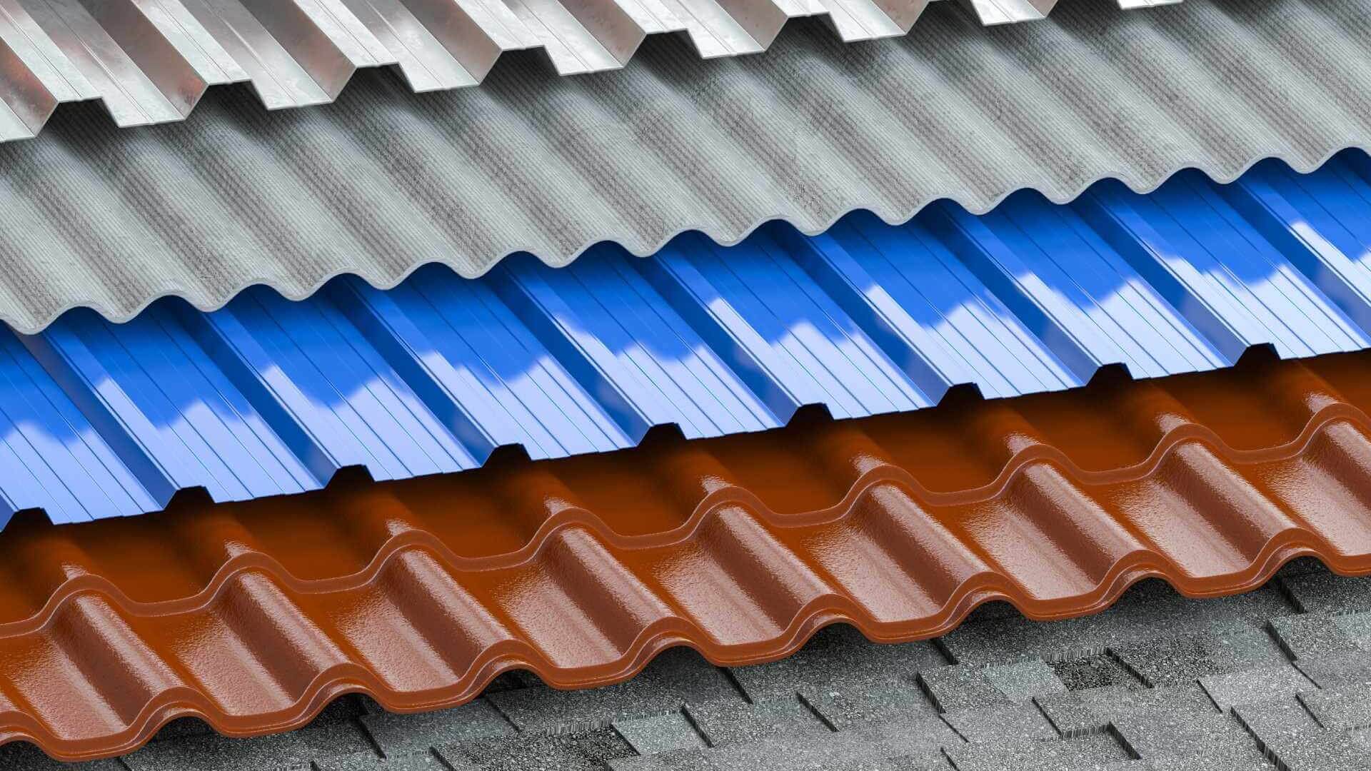 five types of metal roofings with diferent color, three gay, one blue and one brown.