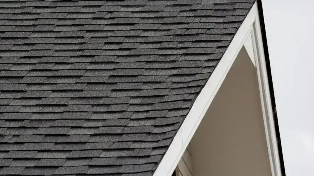 sideview of the top part of a house with a black roof.
