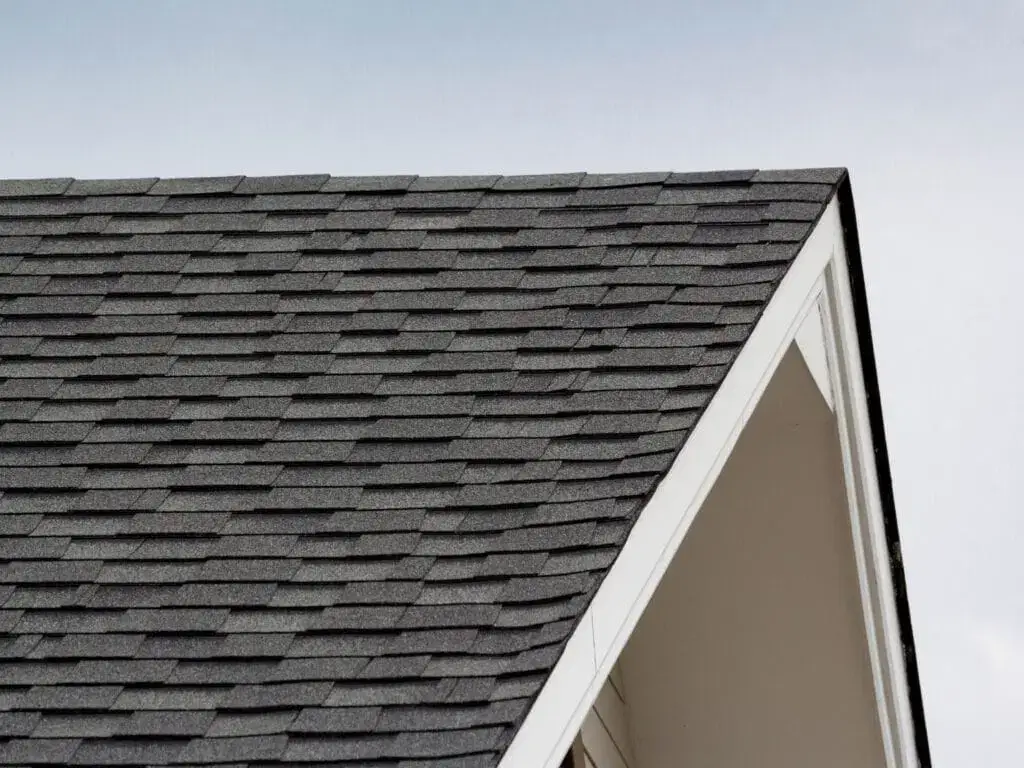 sideview of the top part of a house with a black roof.