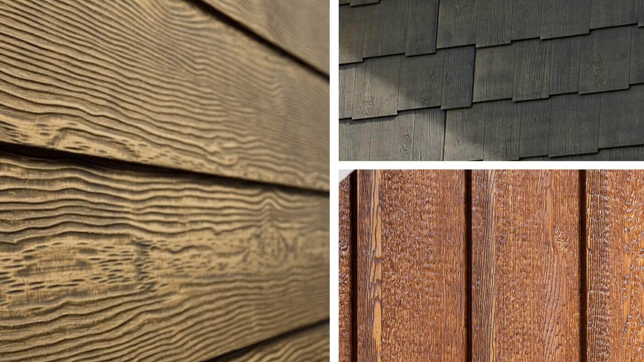 three types of wood siding, a black, medium brown and dark brown colors.